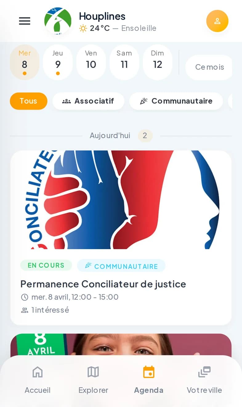 Agenda événementiel Villy d'Houplines avec les événements à venir (Permanence Conciliateur de justice, Dépistage Bucco Dentaire, Atelier CAP Bien-être) et filtres par catégorie