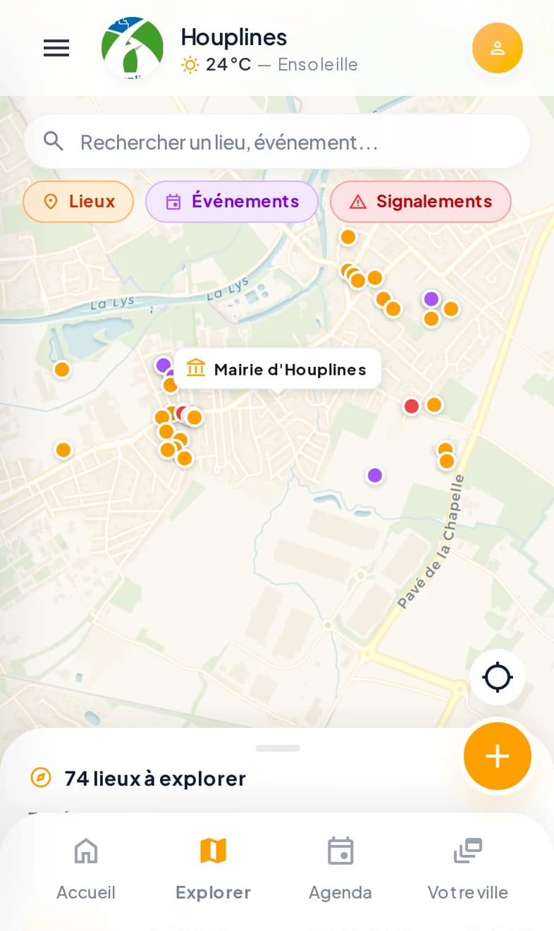 Aperçu mobile de l'application Villy : carte interactive de la commune d'Houplines avec 74 points d'intérêt