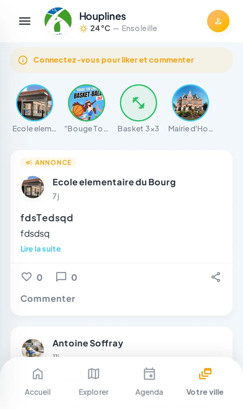 Fil d'actualité Villy d'Houplines avec des publications récentes de l'école élémentaire et d'une association sportive, likes et commentaires
