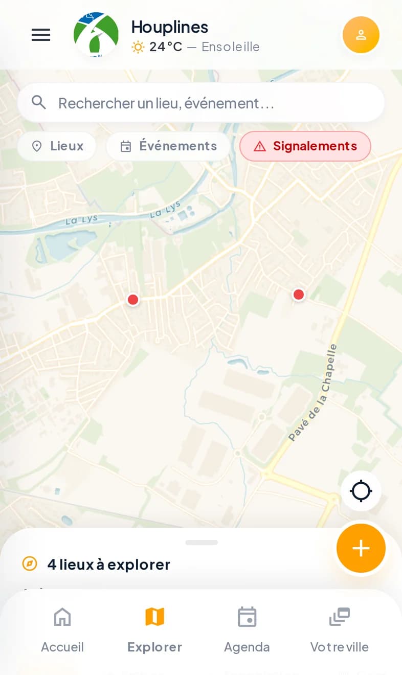 Vue signalements citoyens sur la carte Villy d'Houplines : signalements de voirie et de propreté géolocalisés avec liste latérale